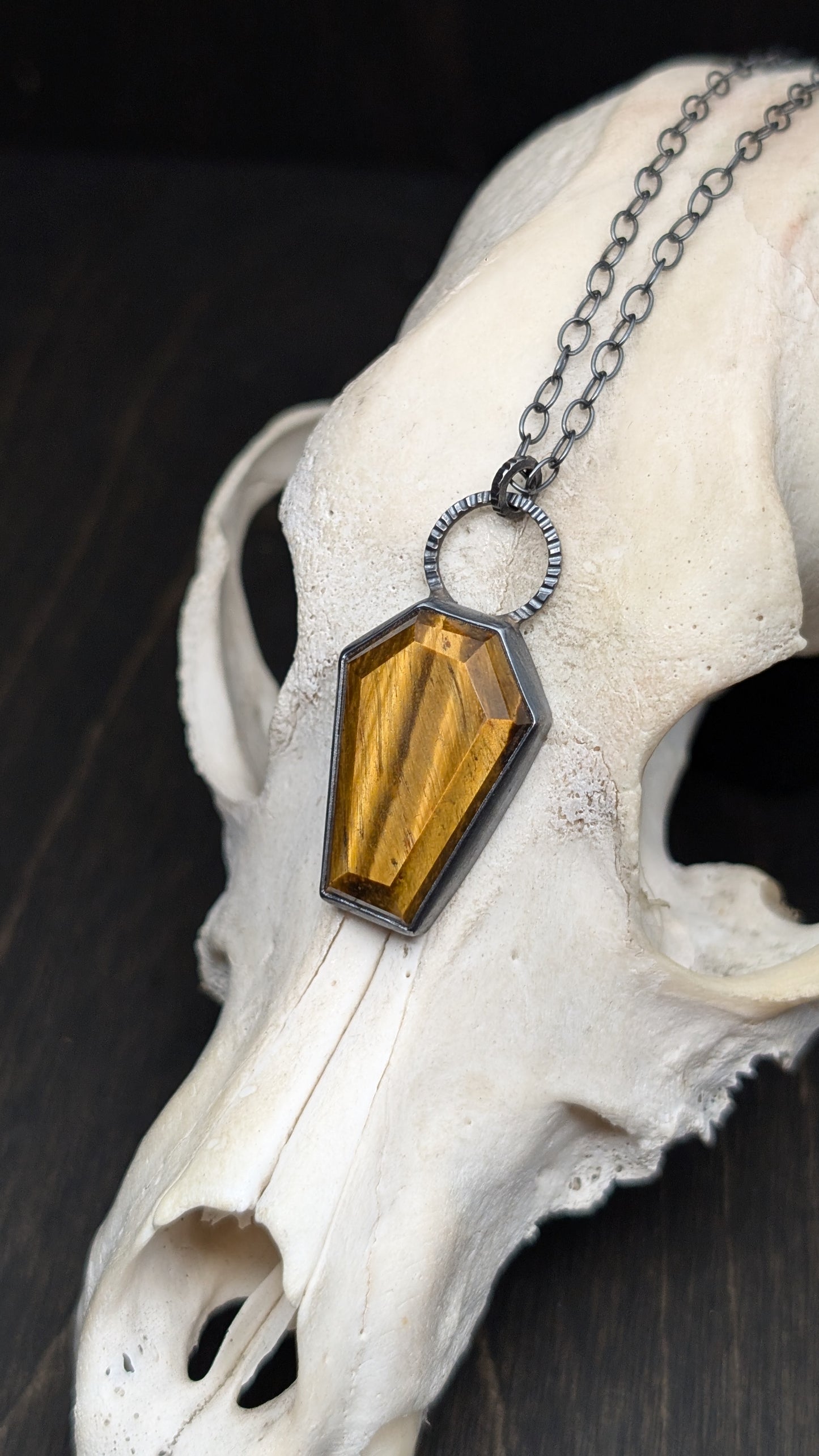XL Tiger's Eye Coffin Textured Sterling Silver Necklace