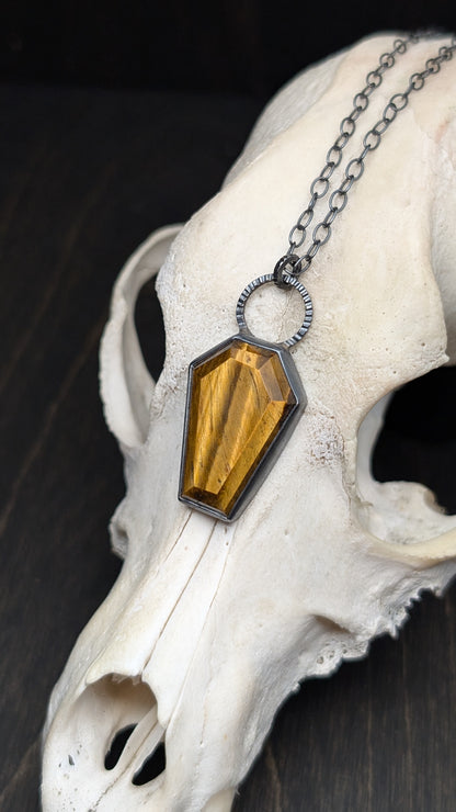 XL Tiger's Eye Coffin Textured Sterling Silver Necklace