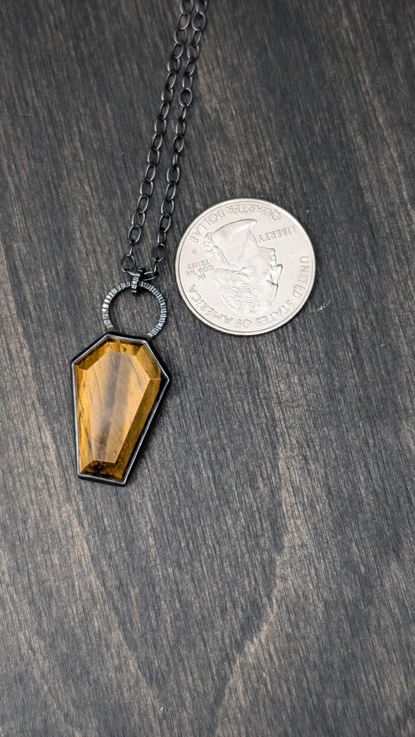 XL Tiger's Eye Coffin Textured Sterling Silver Necklace