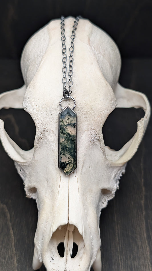 Moss Agate Step Cut Long Tablet Textured Sterling Silver Necklace