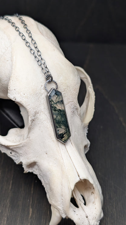 Moss Agate Step Cut Long Tablet Textured Sterling Silver Necklace