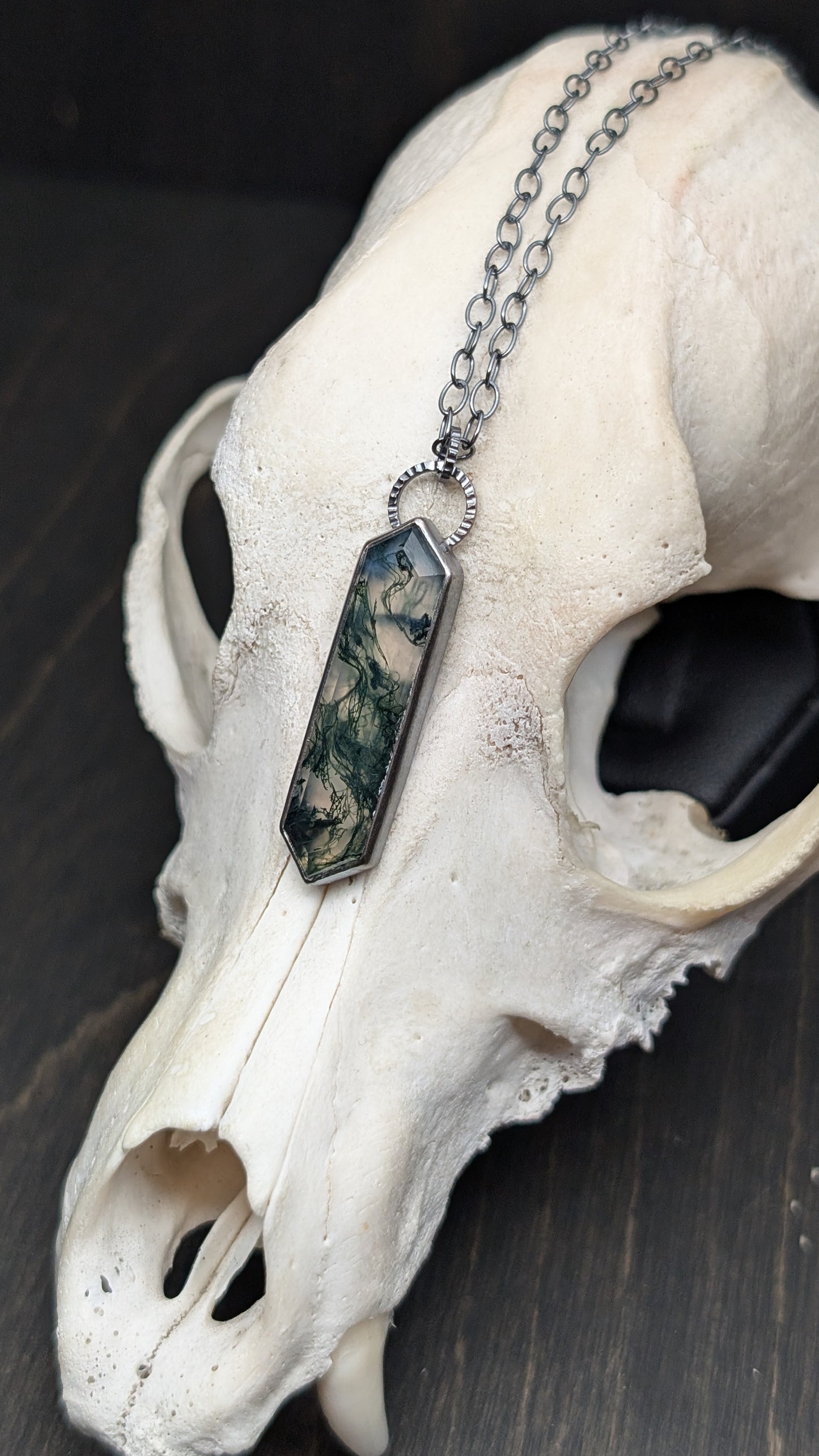 Moss Agate Step Cut Long Tablet Textured Sterling Silver Necklace