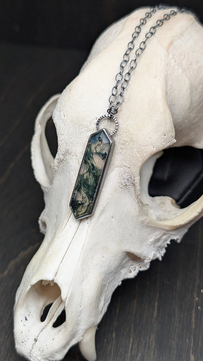 Moss Agate Step Cut Long Tablet Textured Sterling Silver Necklace