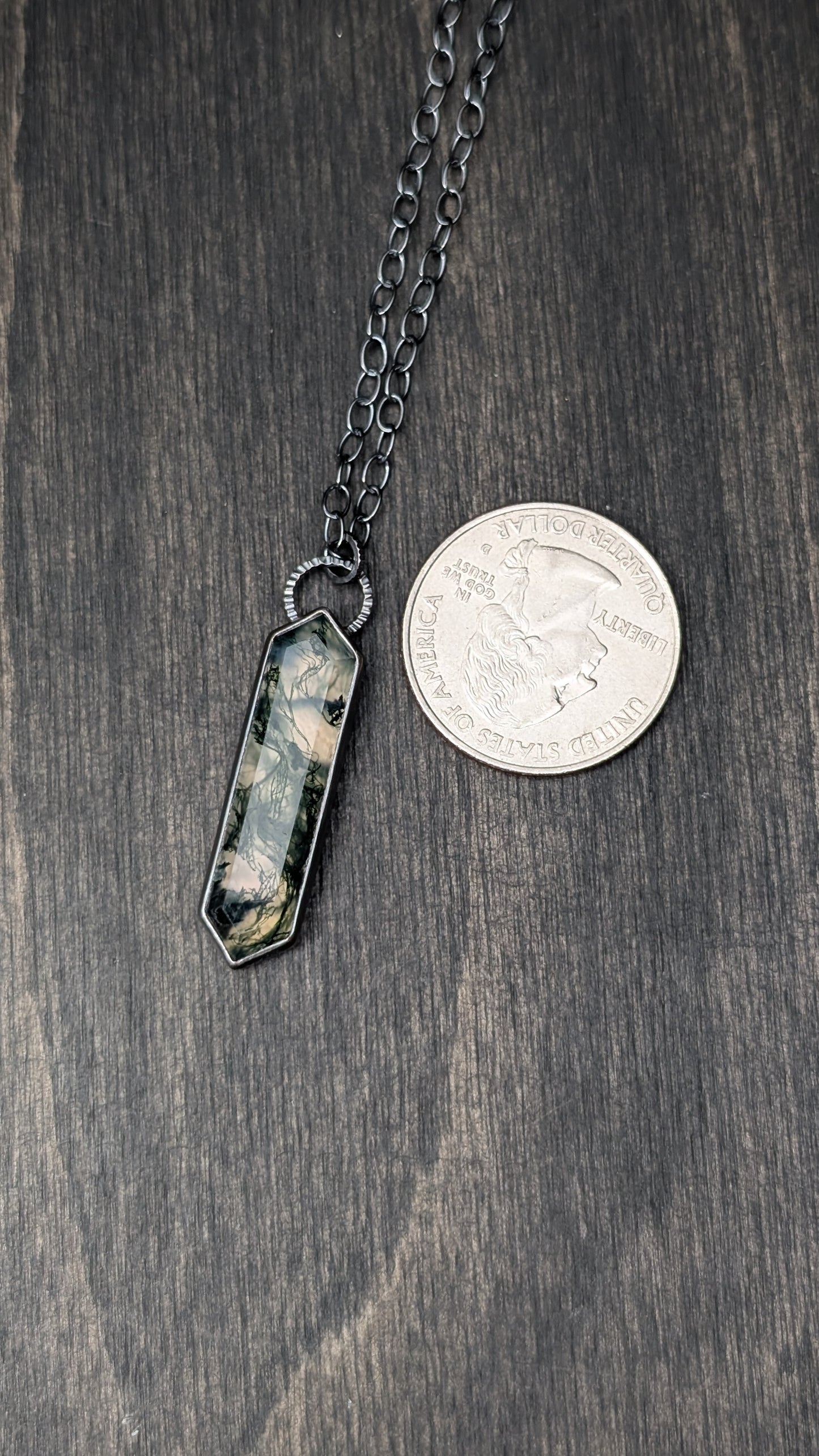 Moss Agate Step Cut Long Tablet Textured Sterling Silver Necklace
