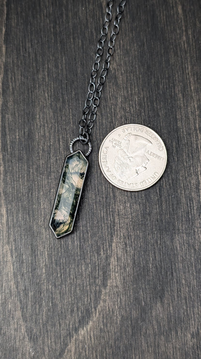 Moss Agate Step Cut Long Tablet Textured Sterling Silver Necklace