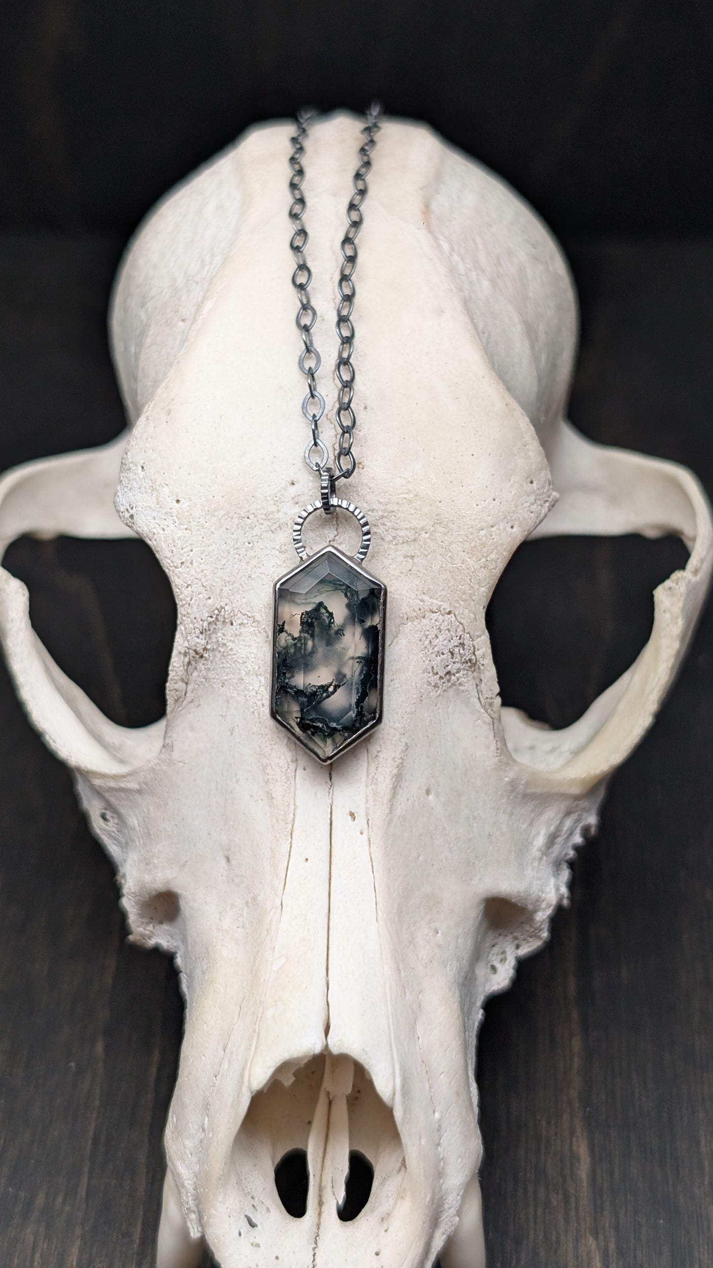 Moss Agate Step Cut Tablet Textured Sterling Silver Necklace