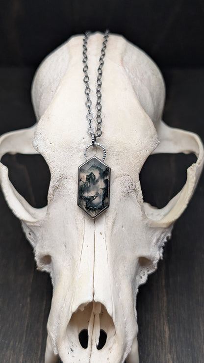 Moss Agate Step Cut Tablet Textured Sterling Silver Necklace