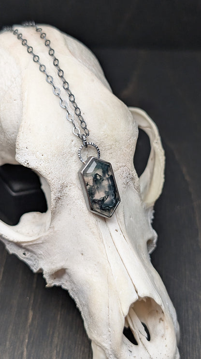 Moss Agate Step Cut Tablet Textured Sterling Silver Necklace