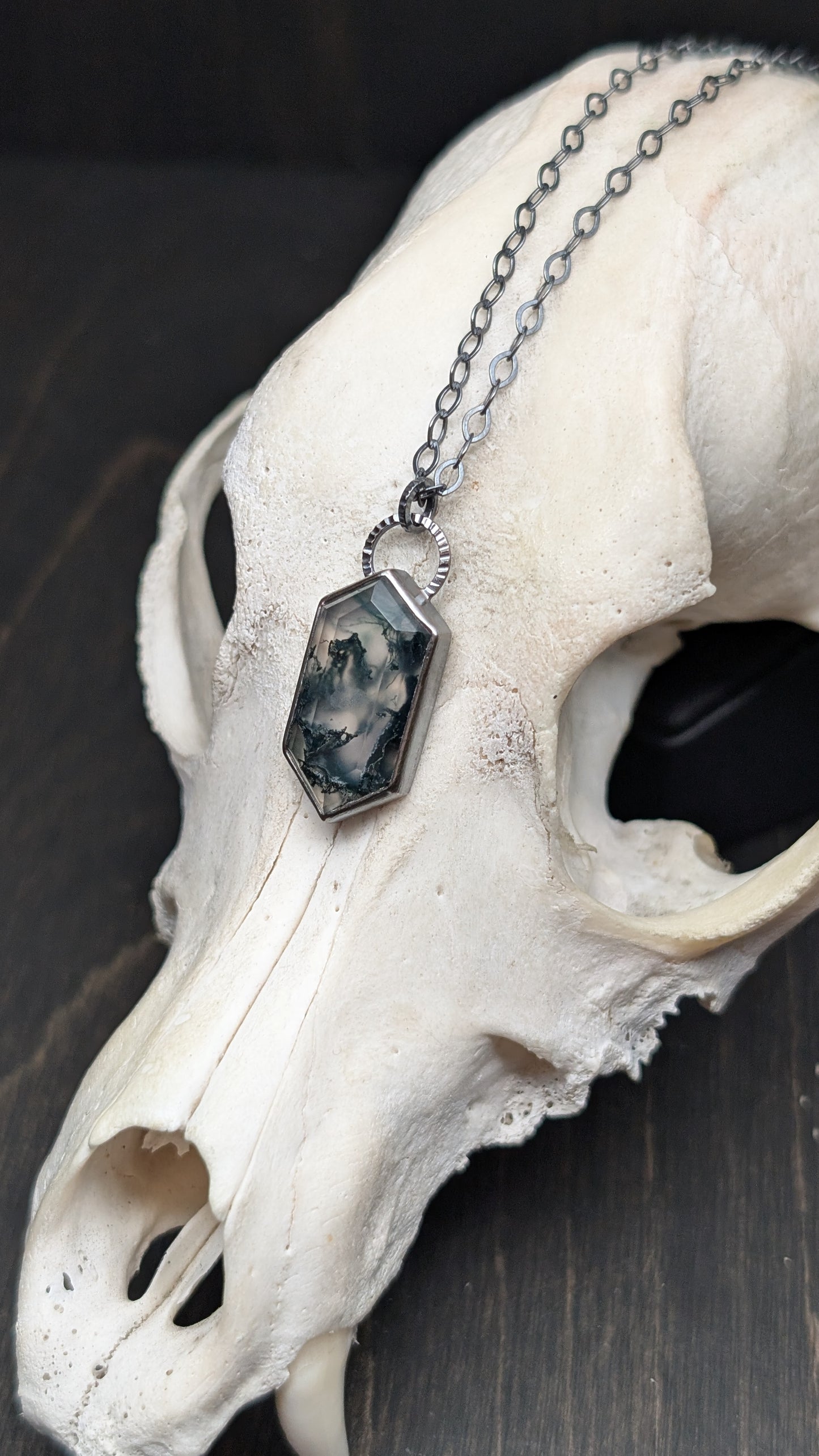 Moss Agate Step Cut Tablet Textured Sterling Silver Necklace