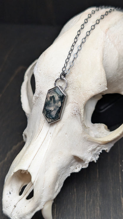 Moss Agate Step Cut Tablet Textured Sterling Silver Necklace