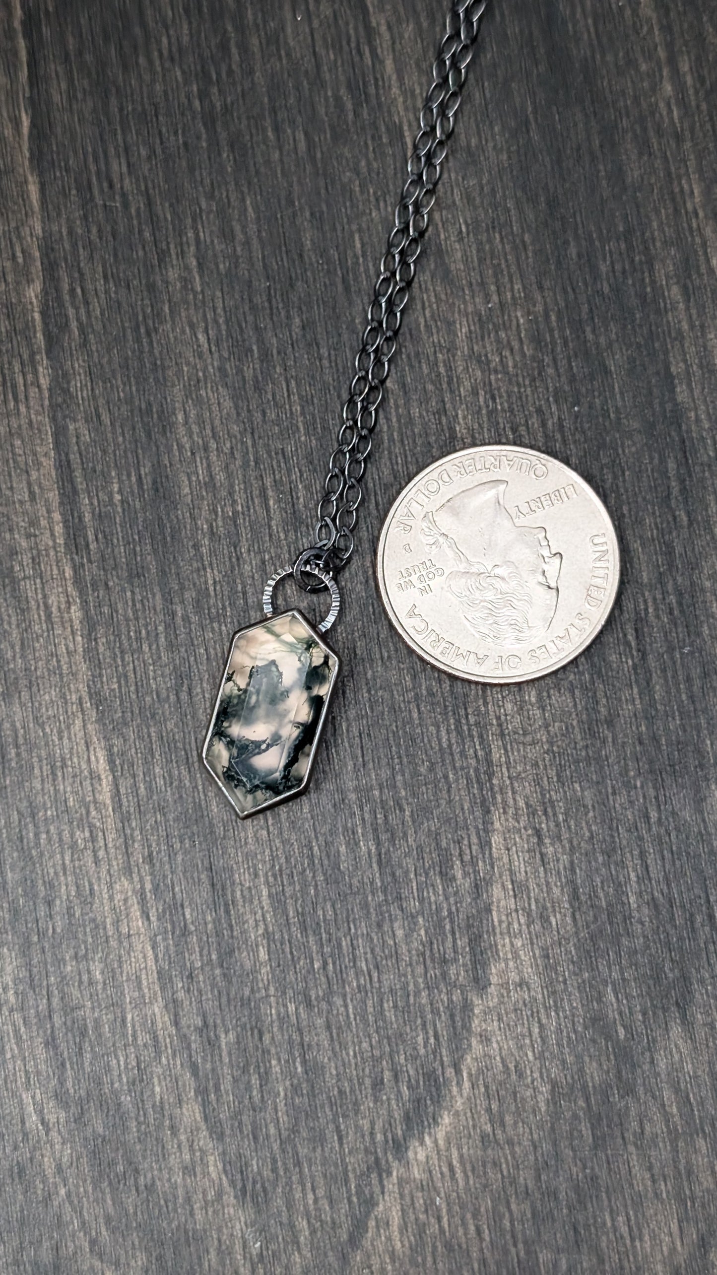 Moss Agate Step Cut Tablet Textured Sterling Silver Necklace