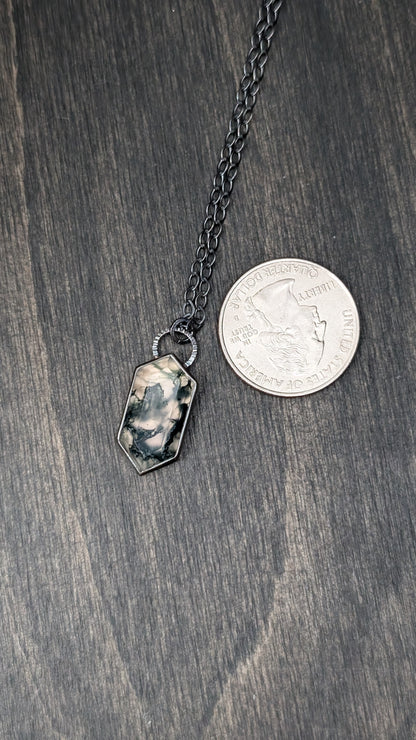Moss Agate Step Cut Tablet Textured Sterling Silver Necklace