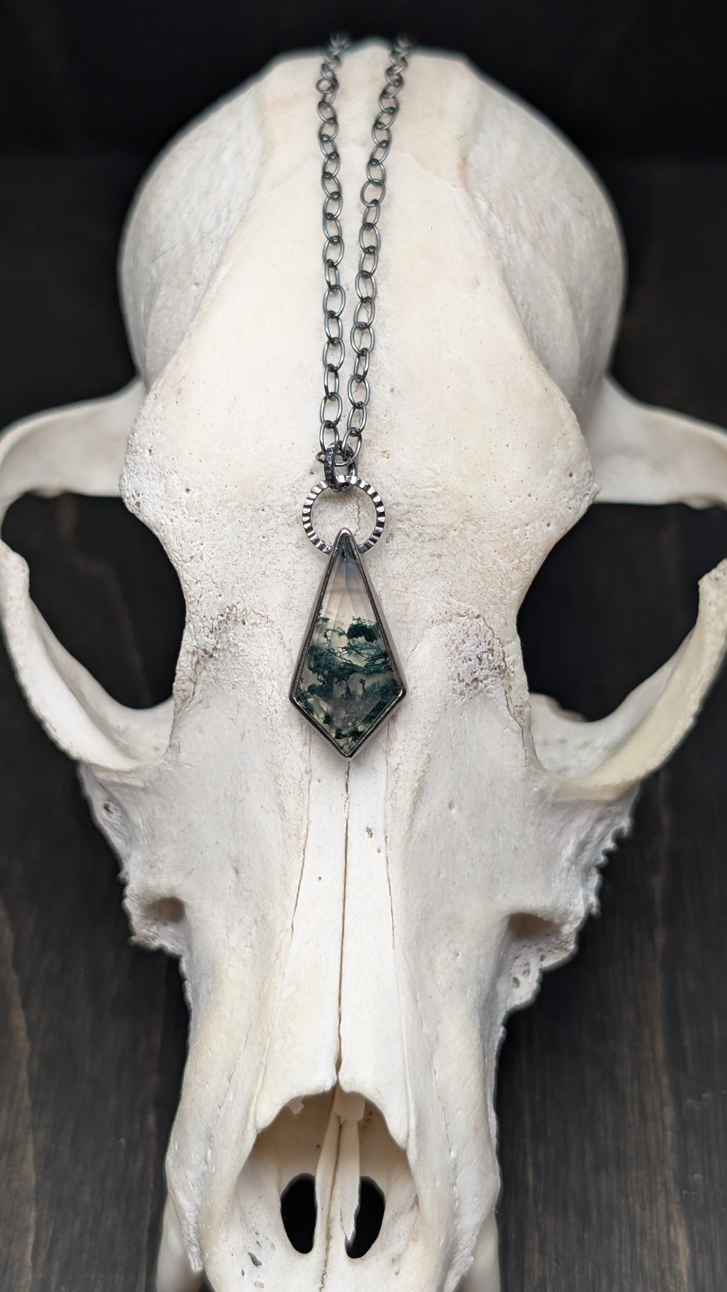 Moss Agate Step Cut Kite Textured Sterling Silver Necklace