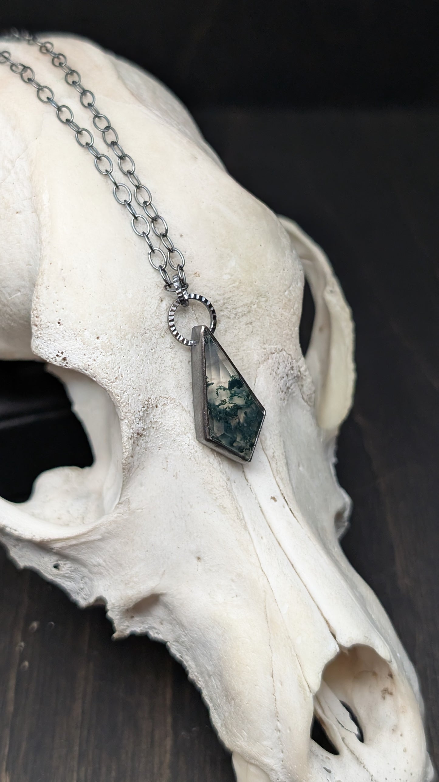 Moss Agate Step Cut Kite Textured Sterling Silver Necklace