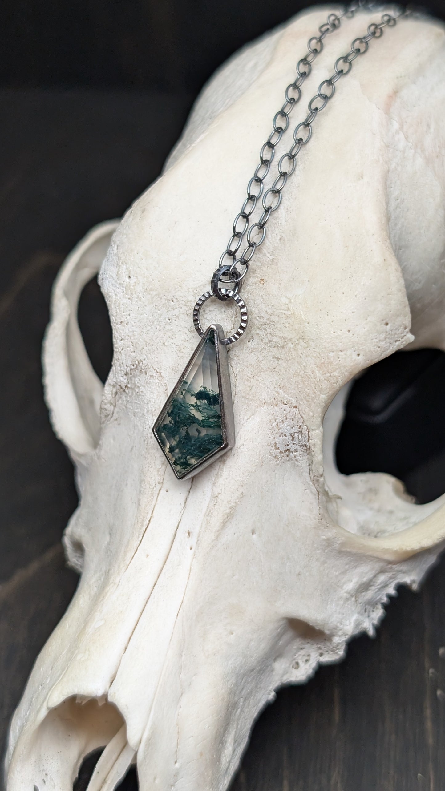Moss Agate Step Cut Kite Textured Sterling Silver Necklace