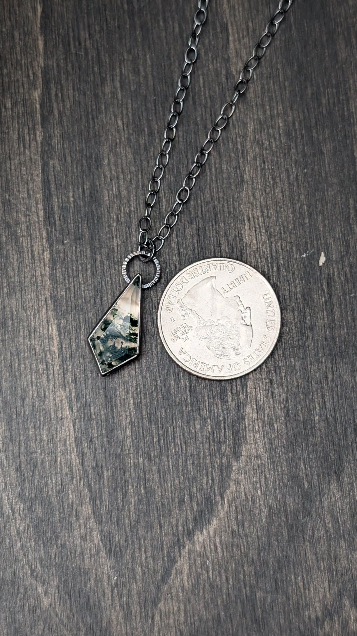 Moss Agate Step Cut Kite Textured Sterling Silver Necklace