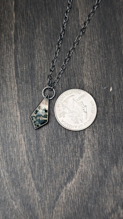 Moss Agate Step Cut Kite Textured Sterling Silver Necklace