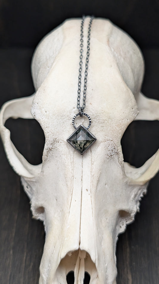 Moss Agate Square Textured Sterling Silver Necklace