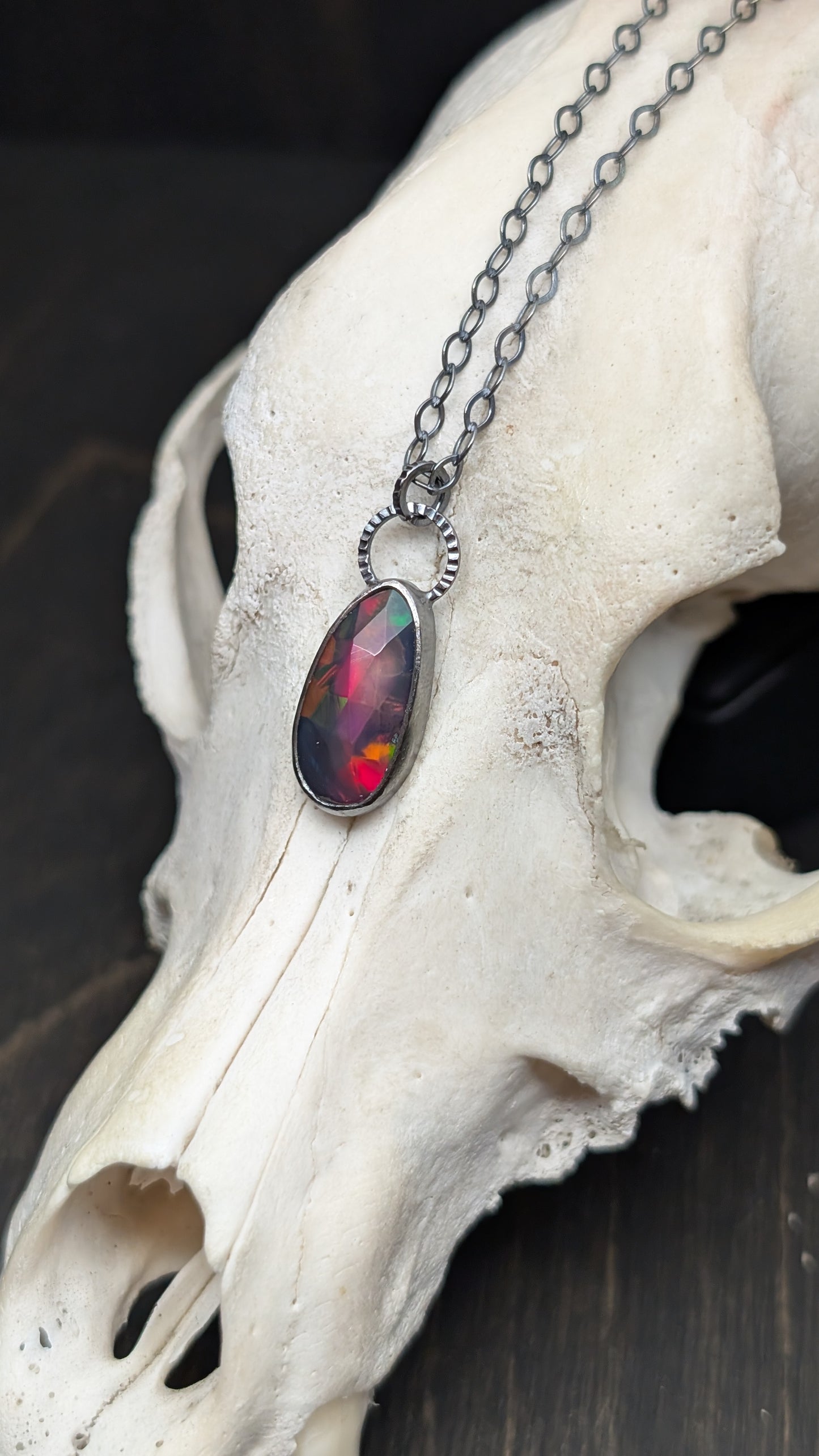 Black Ethiopian Opal Textured Sterling Silver Necklace
