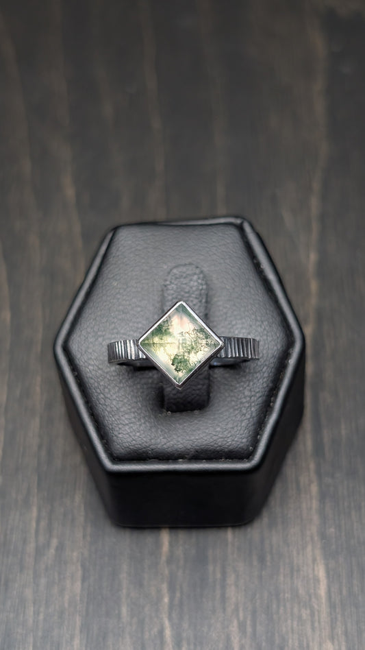 Large Square Moss Agate Textured Sterling Silver