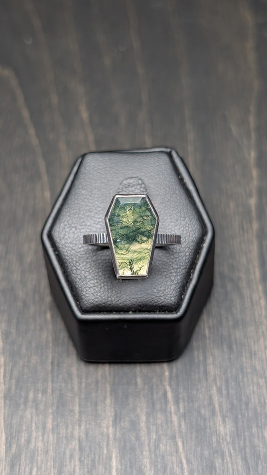 Choose your own Moss Agate Coffin Textured Sterling Silver Ring