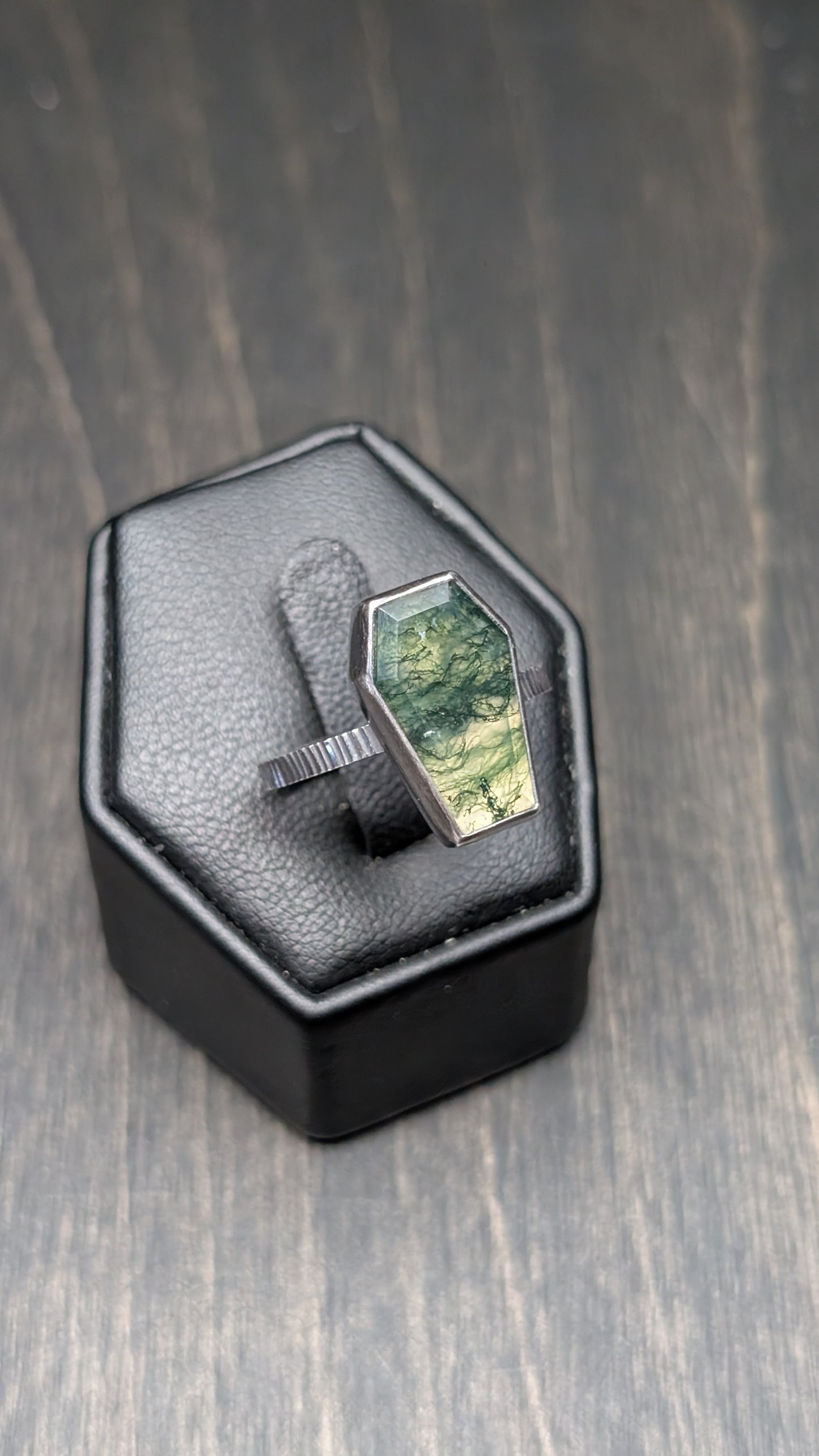 Choose your own Moss Agate Coffin Textured Sterling Silver Ring