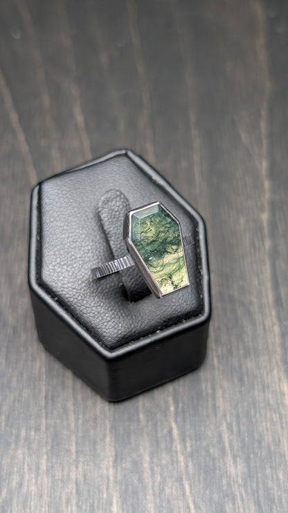 Choose your own Moss Agate Coffin Textured Sterling Silver Ring