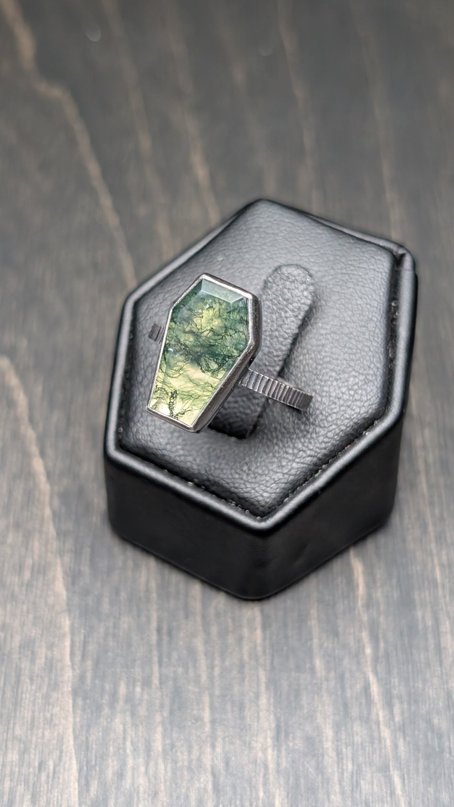 Choose your own Moss Agate Coffin Textured Sterling Silver Ring