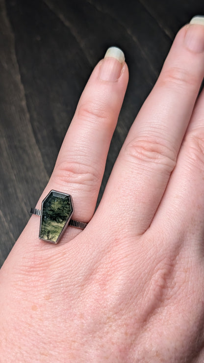 Choose your own Moss Agate Coffin Textured Sterling Silver Ring