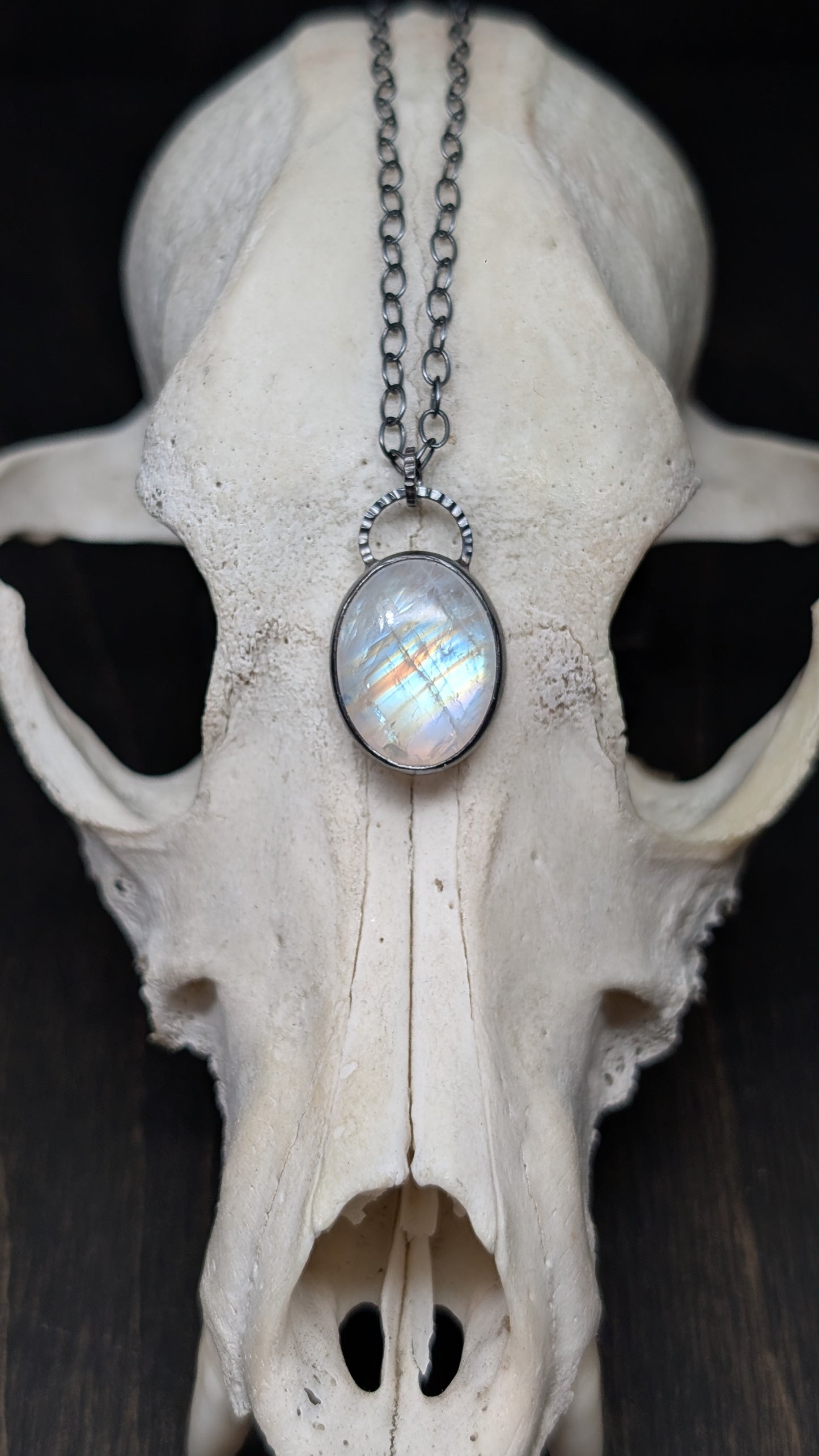Oval Rainbow Moonstone Textured Sterling Silver Necklace