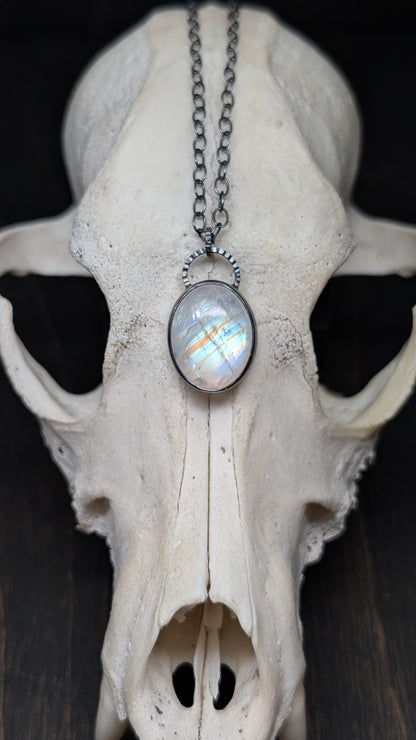 Oval Rainbow Moonstone Textured Sterling Silver Necklace