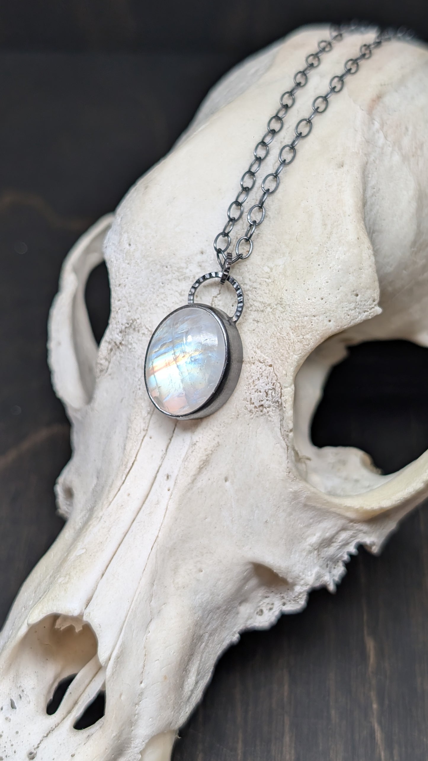 Oval Rainbow Moonstone Textured Sterling Silver Necklace