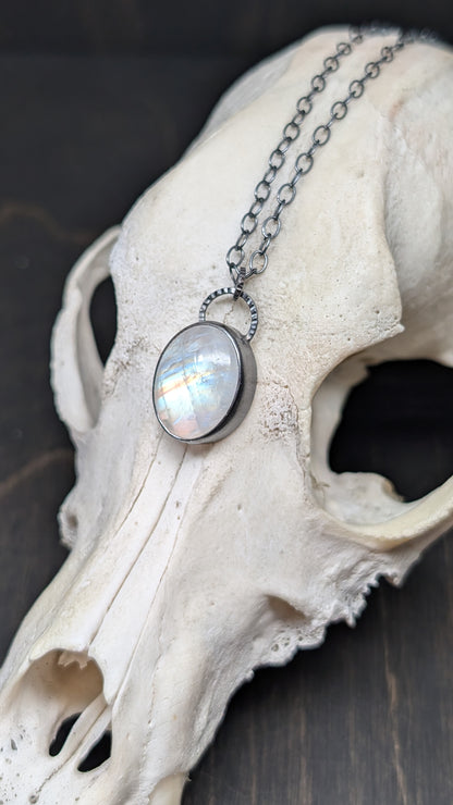 Oval Rainbow Moonstone Textured Sterling Silver Necklace