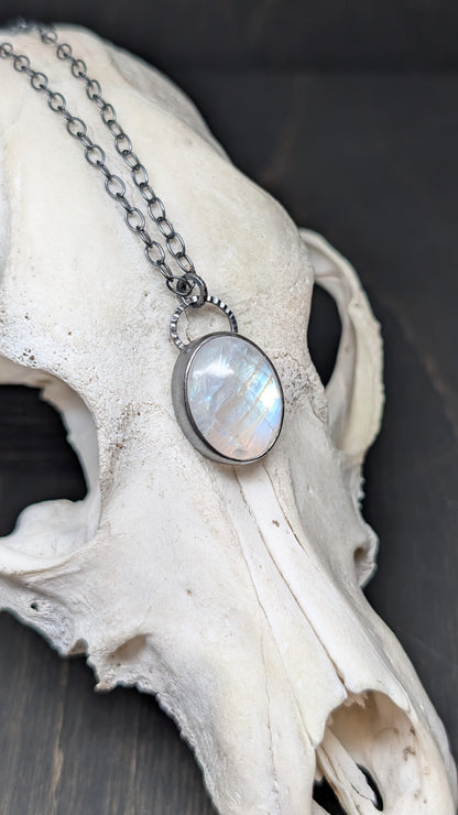 Oval Rainbow Moonstone Textured Sterling Silver Necklace