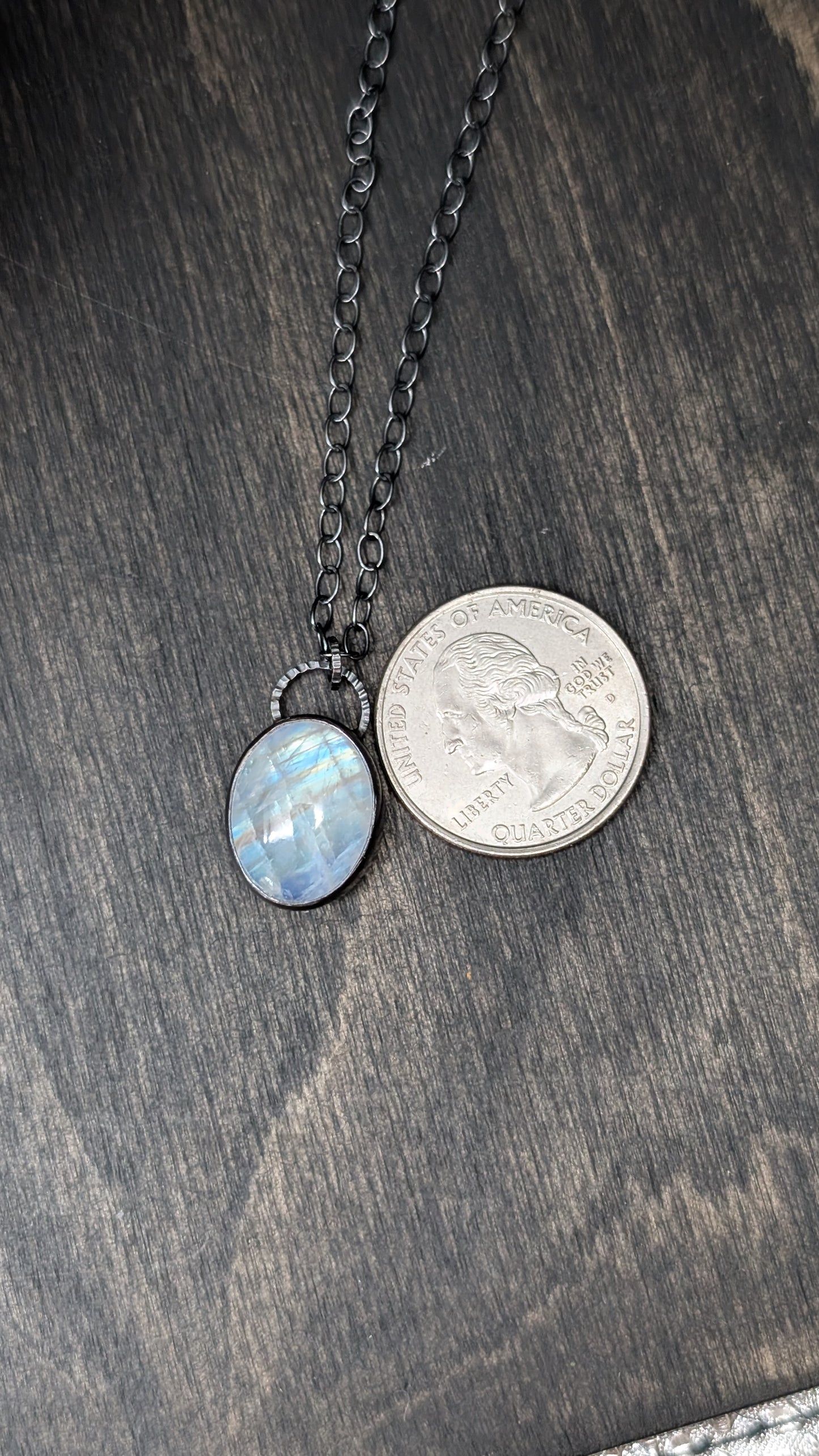 Oval Rainbow Moonstone Textured Sterling Silver Necklace