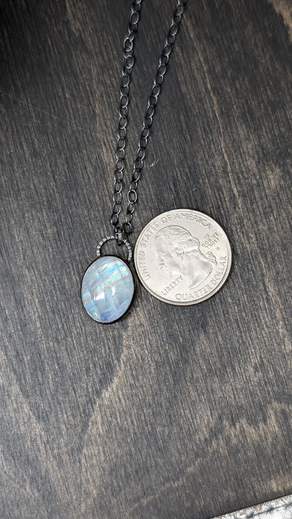 Oval Rainbow Moonstone Textured Sterling Silver Necklace