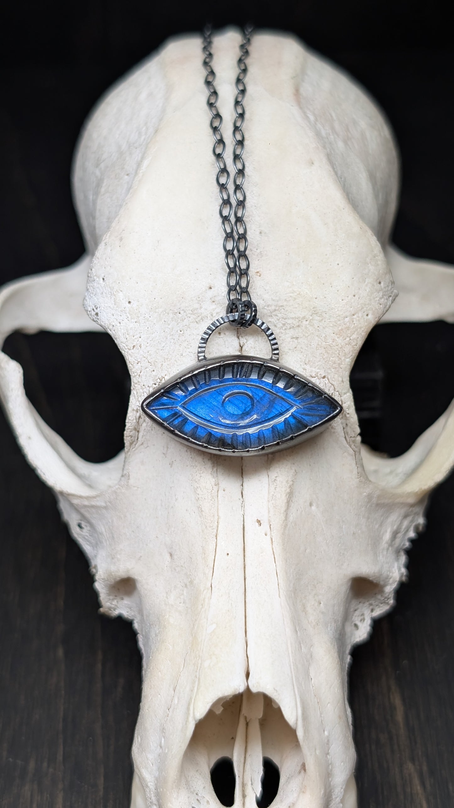 Large Marquise Evil Eye Labradorite Textured Sterling Silver Necklace
