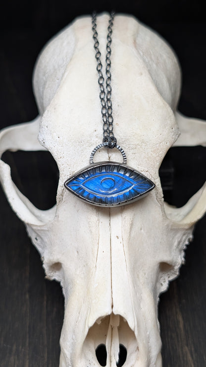 Large Marquise Evil Eye Labradorite Textured Sterling Silver Necklace