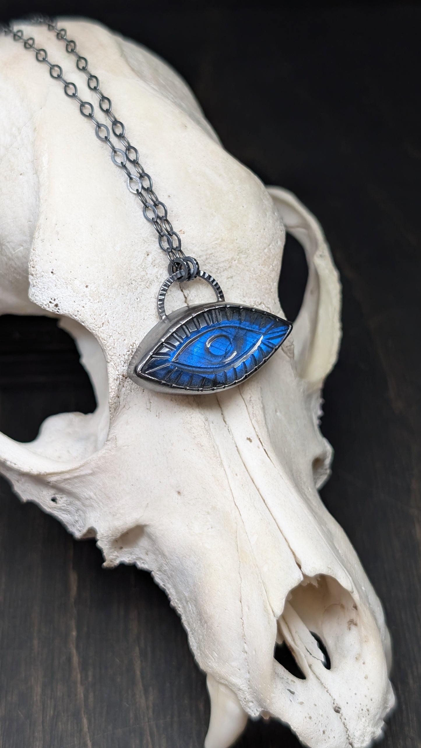 Large Marquise Evil Eye Labradorite Textured Sterling Silver Necklace