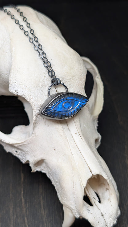 Large Marquise Evil Eye Labradorite Textured Sterling Silver Necklace