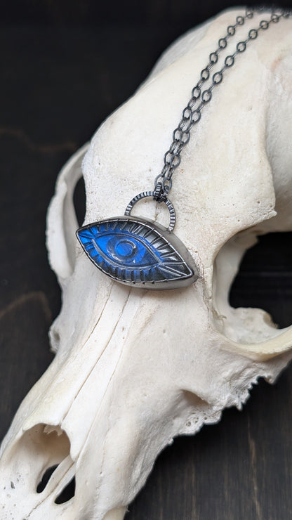 Large Marquise Evil Eye Labradorite Textured Sterling Silver Necklace