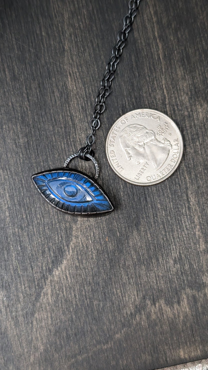 Large Marquise Evil Eye Labradorite Textured Sterling Silver Necklace