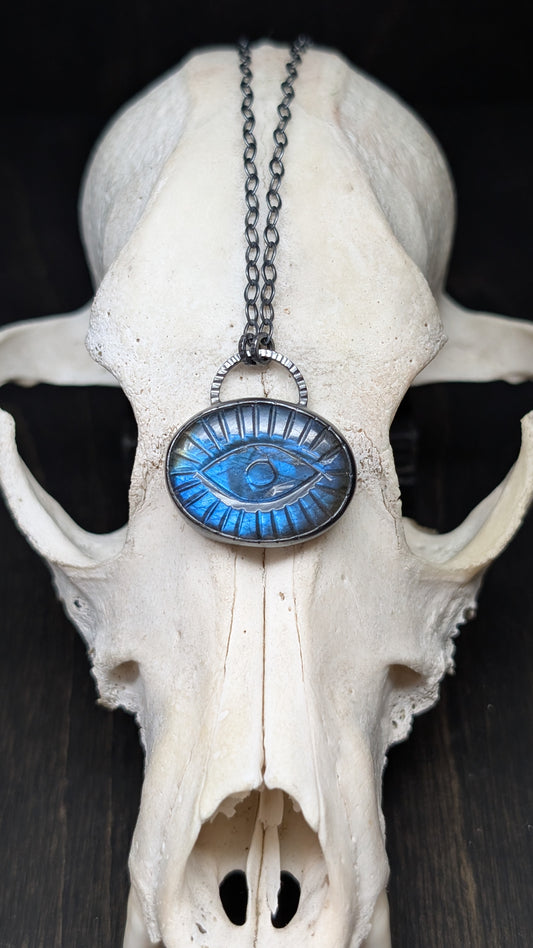 Large Oval Evil Eye Labradorite Textured Sterling Silver Necklace