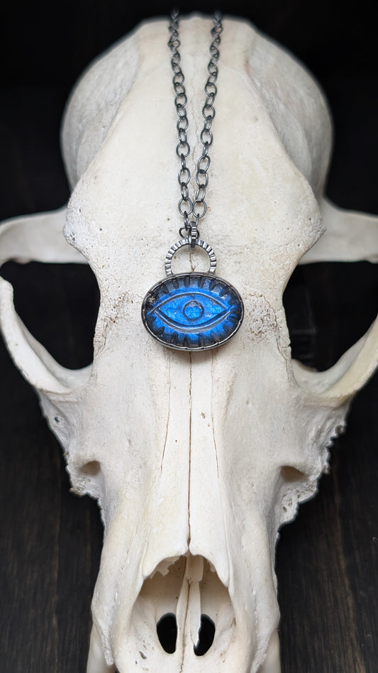 Oval Evil Eye Labradorite Textured Sterling Silver Necklace