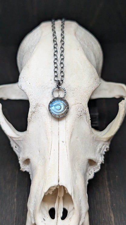 Small Round Evil Eye Labradorite Textured Sterling Silver Necklace