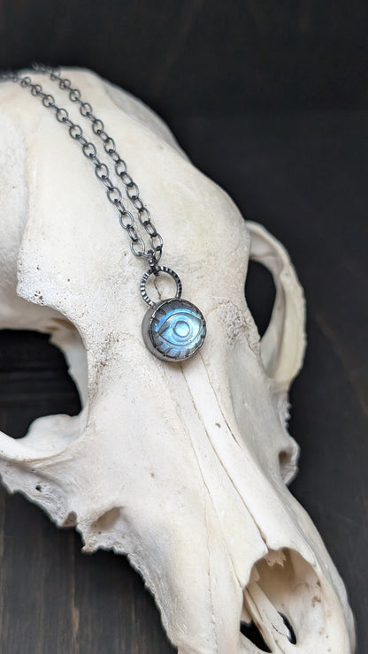 Small Round Evil Eye Labradorite Textured Sterling Silver Necklace