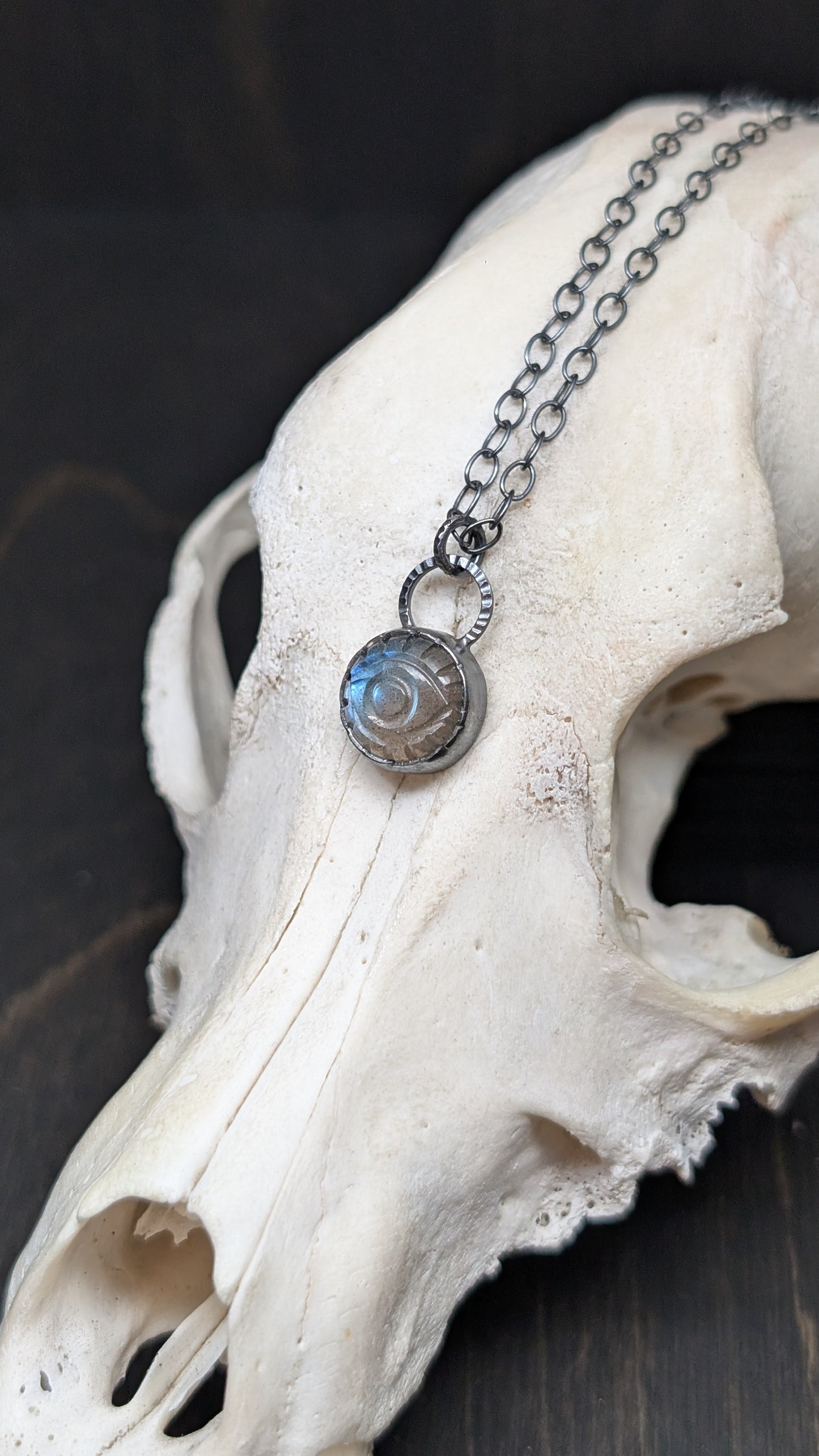 Small Round Evil Eye Labradorite Textured Sterling Silver Necklace
