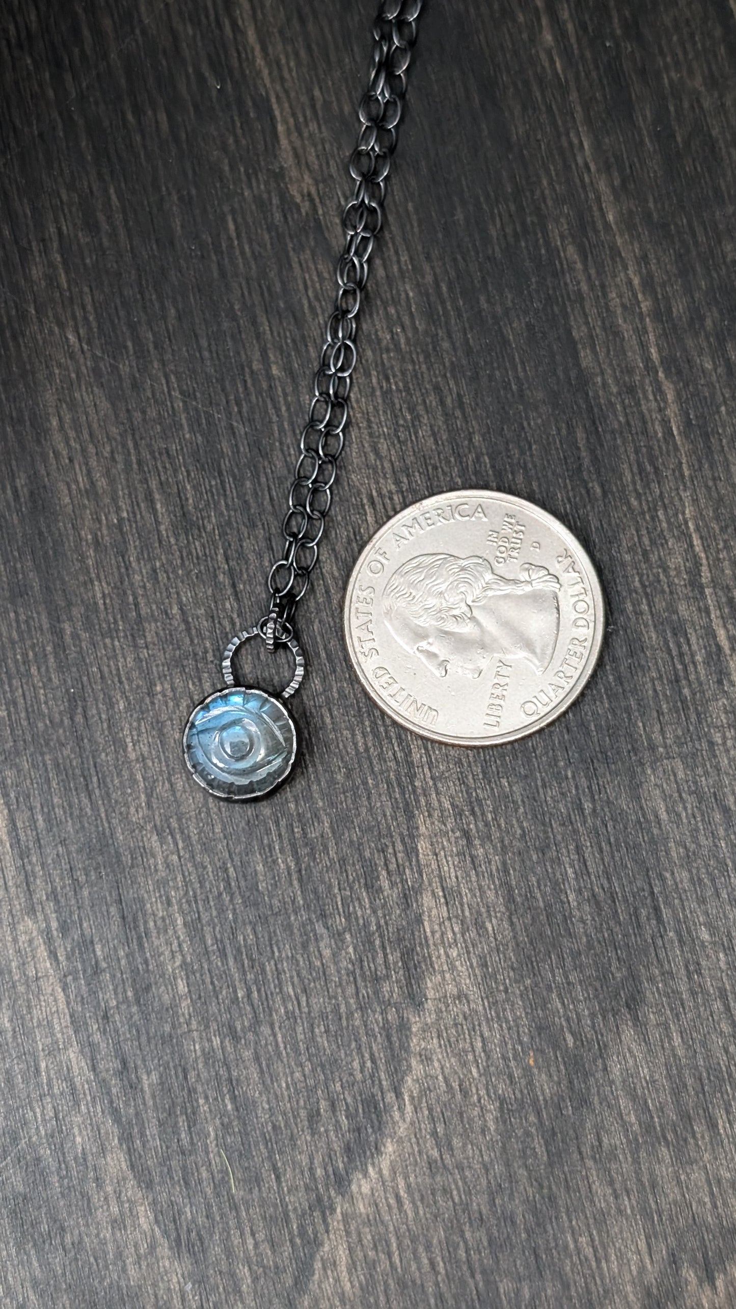 Small Round Evil Eye Labradorite Textured Sterling Silver Necklace