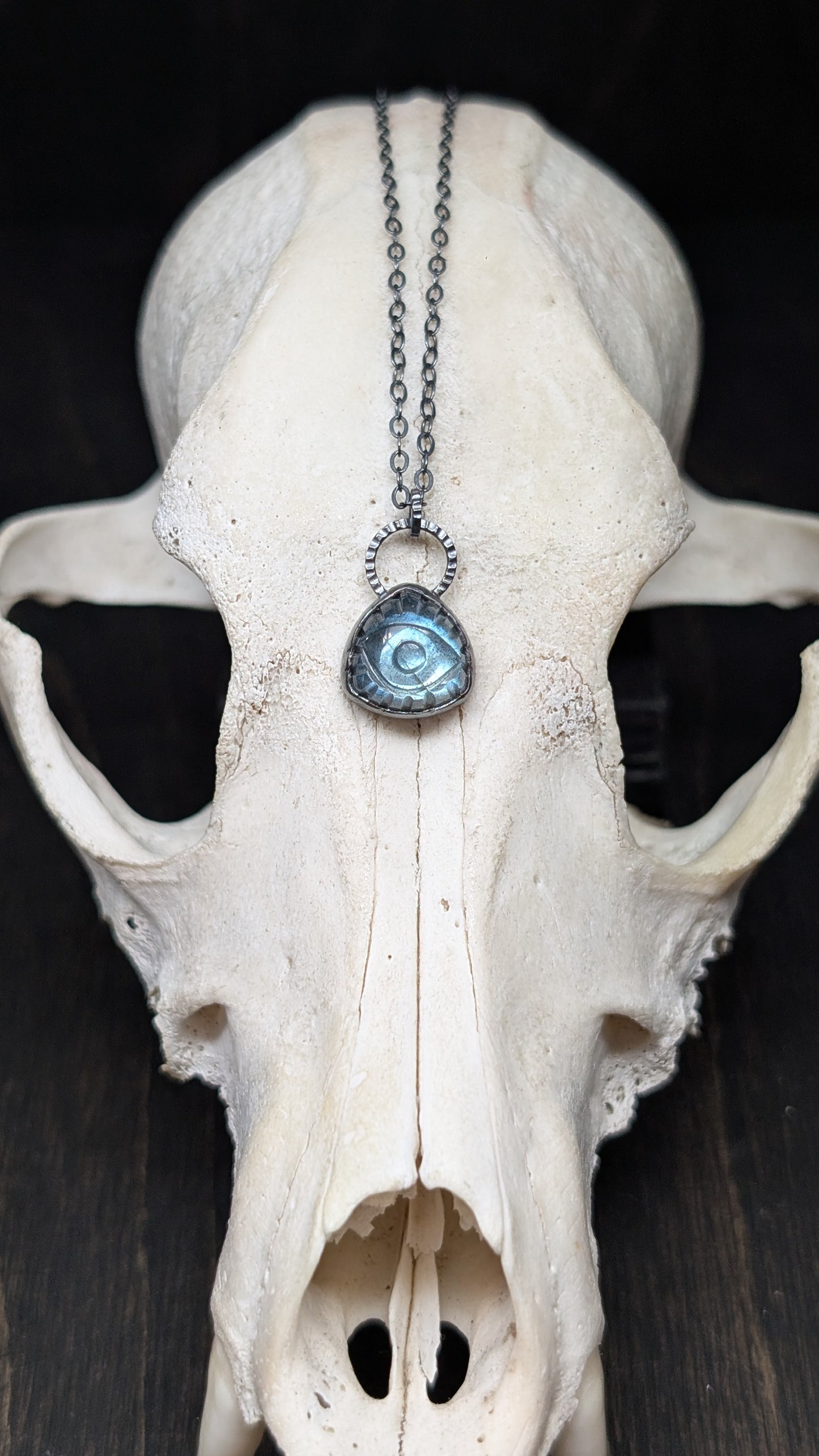 Small Triangle Evil Eye Labradorite Textured Sterling Silver Necklace