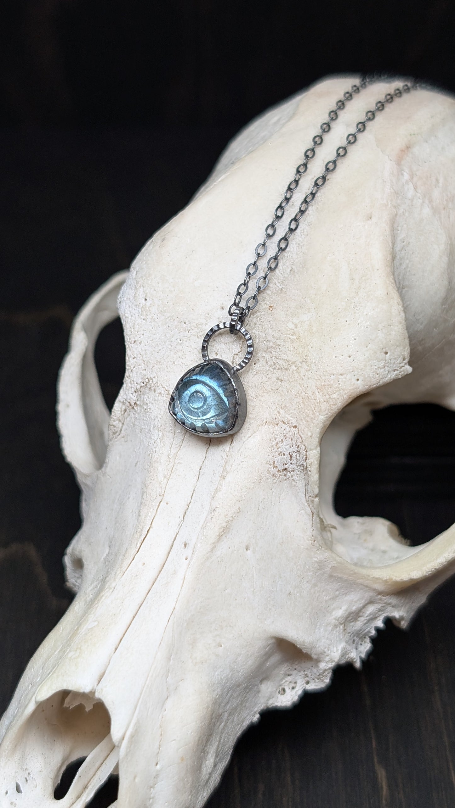 Small Triangle Evil Eye Labradorite Textured Sterling Silver Necklace
